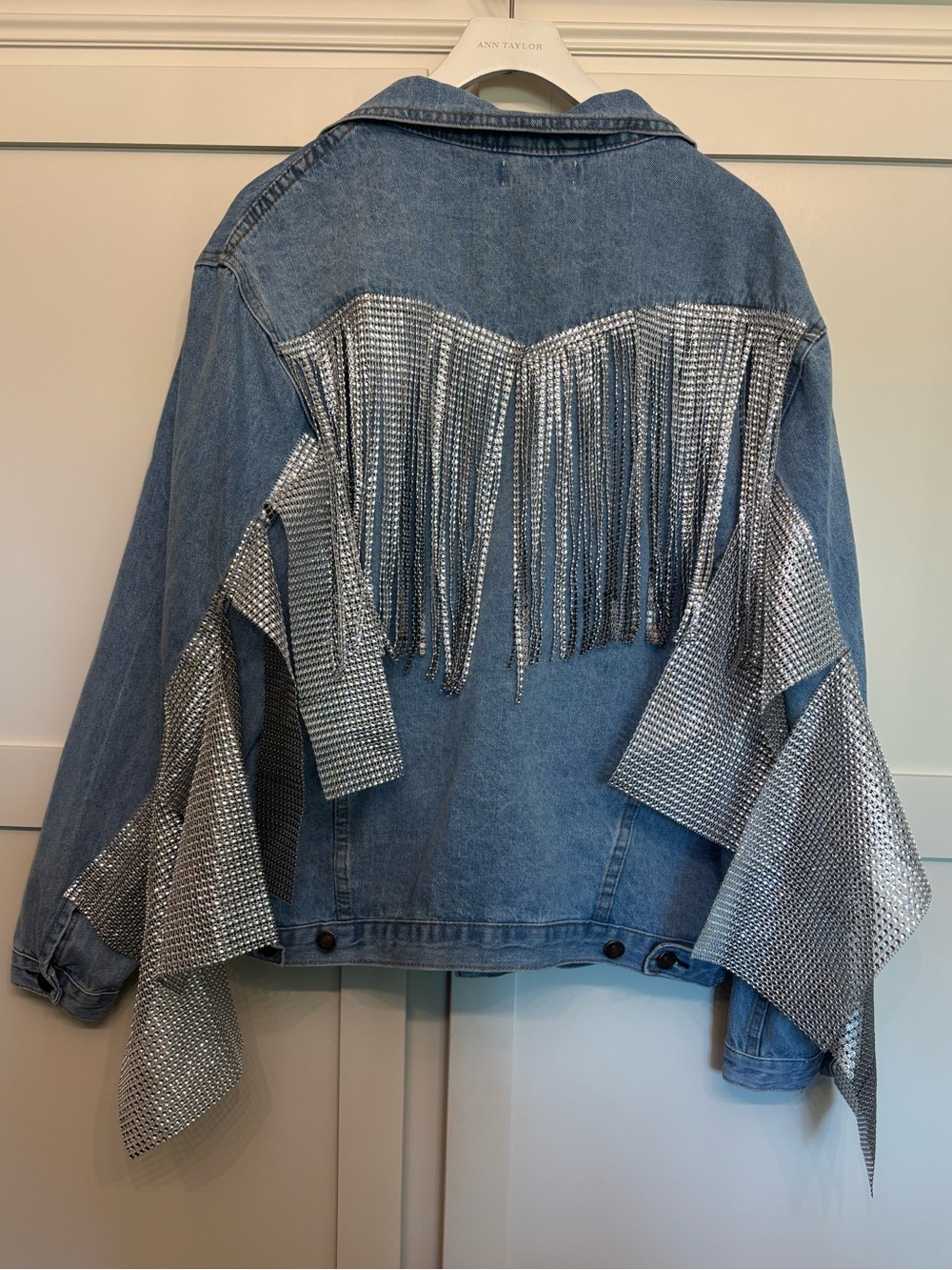 Elia Cher Rhinestone Fringe & Mesh Denim Jacket Western Glam Nashville Oversized